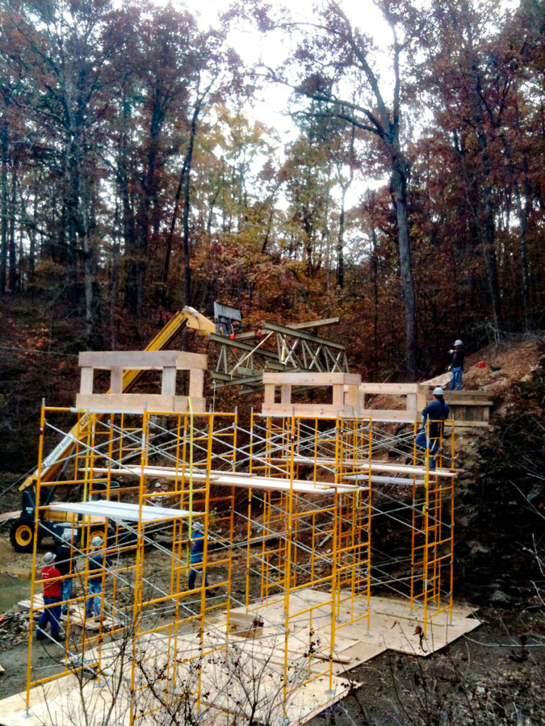 Scaffolding built by the U.S. Army Corps of Engineers during the construction of the Gap Creek Bridge. (Click on this image to view more photos of the re-planking project.)